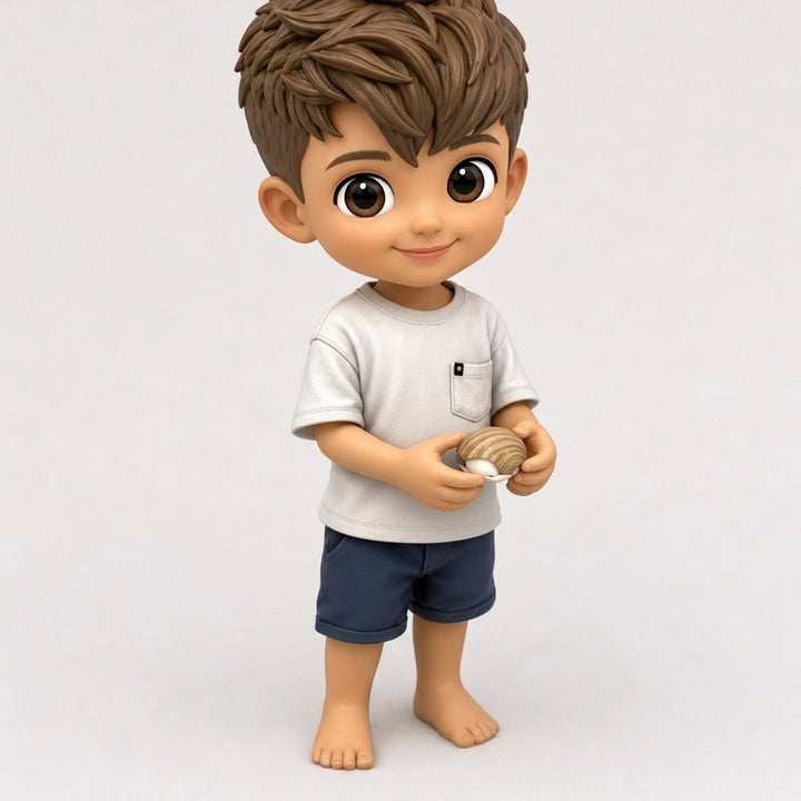 Digital preview of a barefoot child custom figure holding a seashell