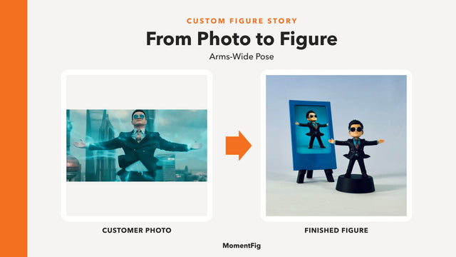 Arms-wide business photo and finished MomentFig custom boss figure wearing sunglasses and a black suit