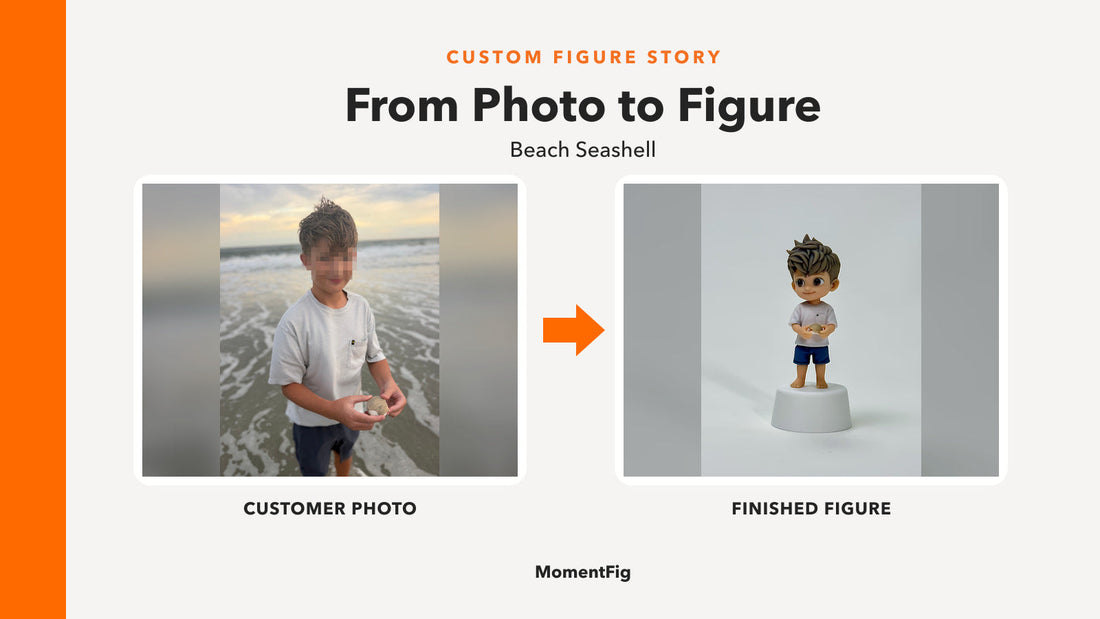 Customer beach photo beside the finished MomentFig seashell-holding custom figure