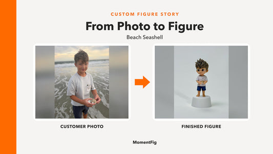 Customer beach photo beside the finished MomentFig seashell-holding custom figure