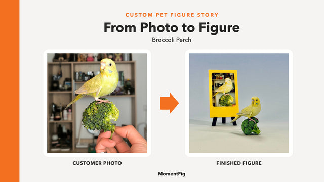 Yellow parakeet photo and finished MomentFig custom pet figure showing pink feet balanced on a broccoli perch
