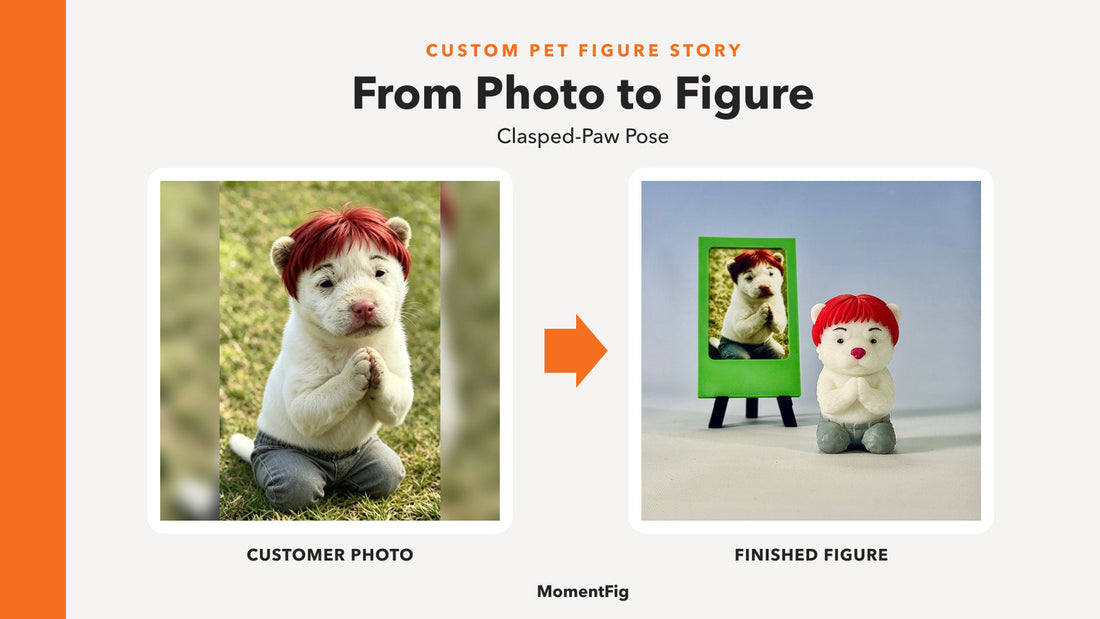 White dog photo and finished MomentFig custom pet figure showing red hair, clasped front paws, and gray pants