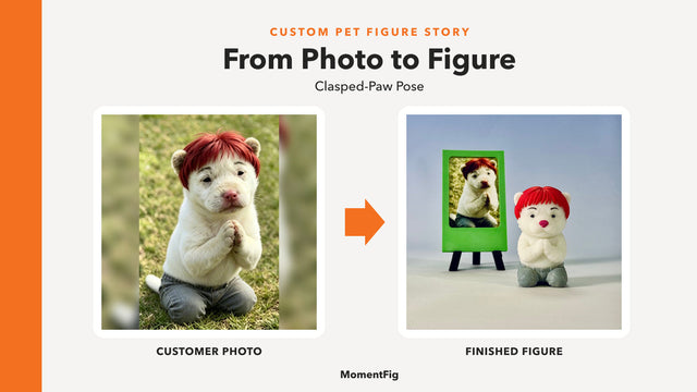 White dog photo and finished MomentFig custom pet figure showing red hair, clasped front paws, and gray pants