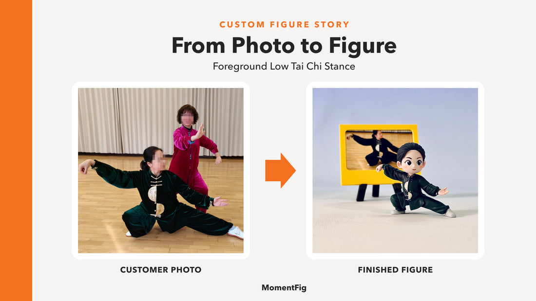 Privacy-protected two-person Tai Chi photo and finished MomentFig figure of the foreground person in a low green stance