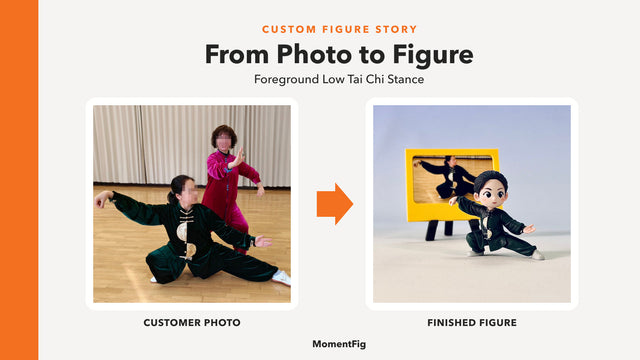 Privacy-protected two-person Tai Chi photo and finished MomentFig figure of the foreground person in a low green stance