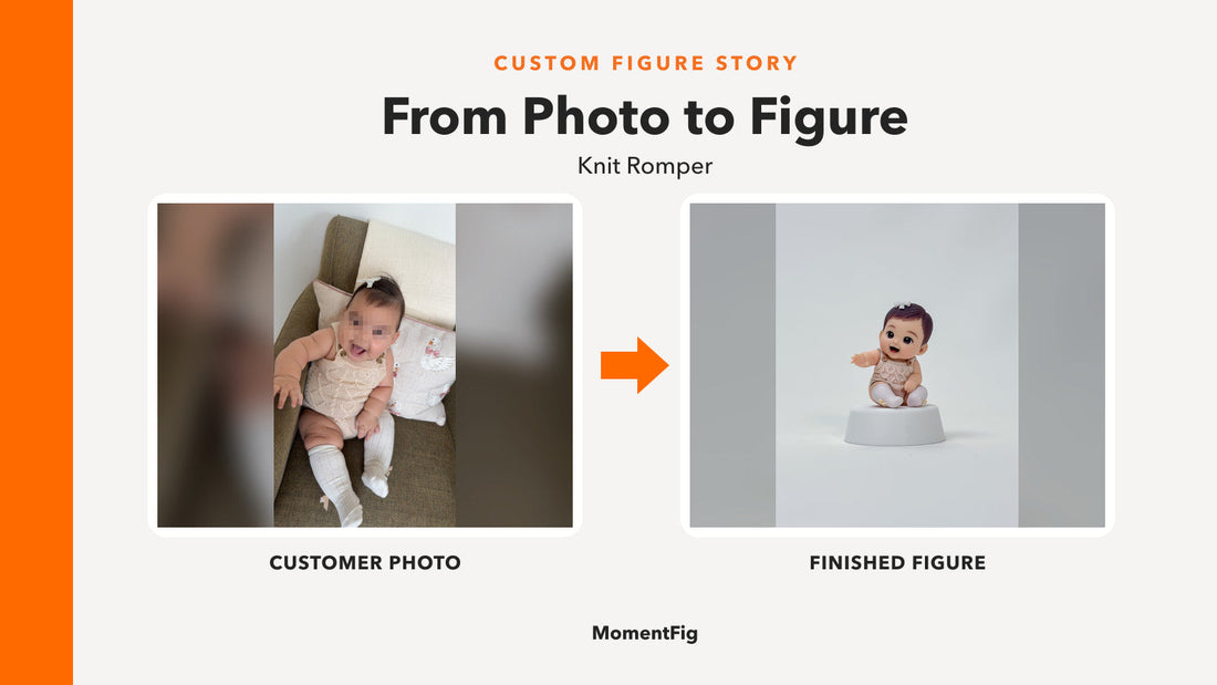 Privacy-safe customer photo beside the finished MomentFig knit romper custom figure