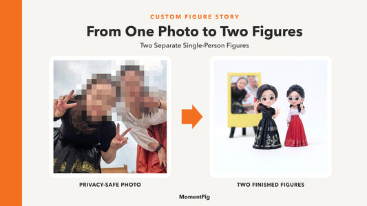 Privacy-safe group photo beside two separately produced MomentFig custom figures in black-and-gold and white-and-red outfits
