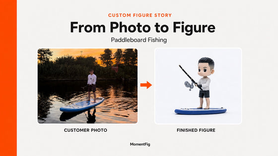 Customer paddleboard fishing photo beside the finished MomentFig custom figure