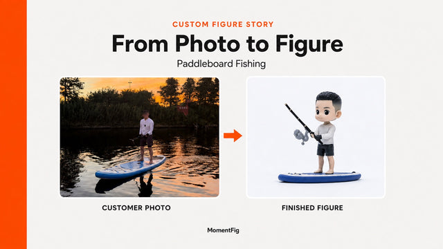 Customer paddleboard fishing photo beside the finished MomentFig custom figure
