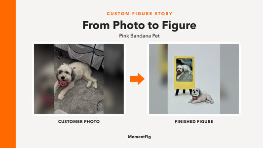 Customer dog photo beside the finished MomentFig white dog figure with a pink bandana