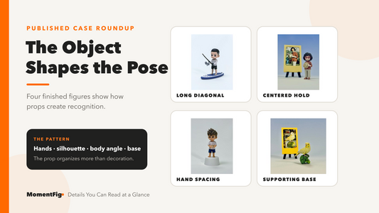Four finished MomentFig figures showing a fishing rod, straw hat, seashell, and broccoli perch as defining props