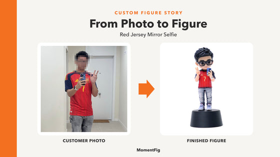 Privacy-safe mirror selfie beside a finished custom figure in a red soccer jersey holding a phone and making a V sign