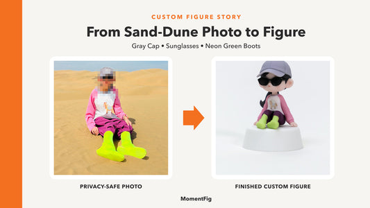 Privacy-safe seated sand-dune photo beside a finished custom figure wearing a gray cap, sunglasses, pink sleeves, purple trousers, and neon green boots
