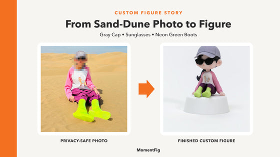 Privacy-safe seated sand-dune photo beside a finished custom figure wearing a gray cap, sunglasses, pink sleeves, purple trousers, and neon green boots