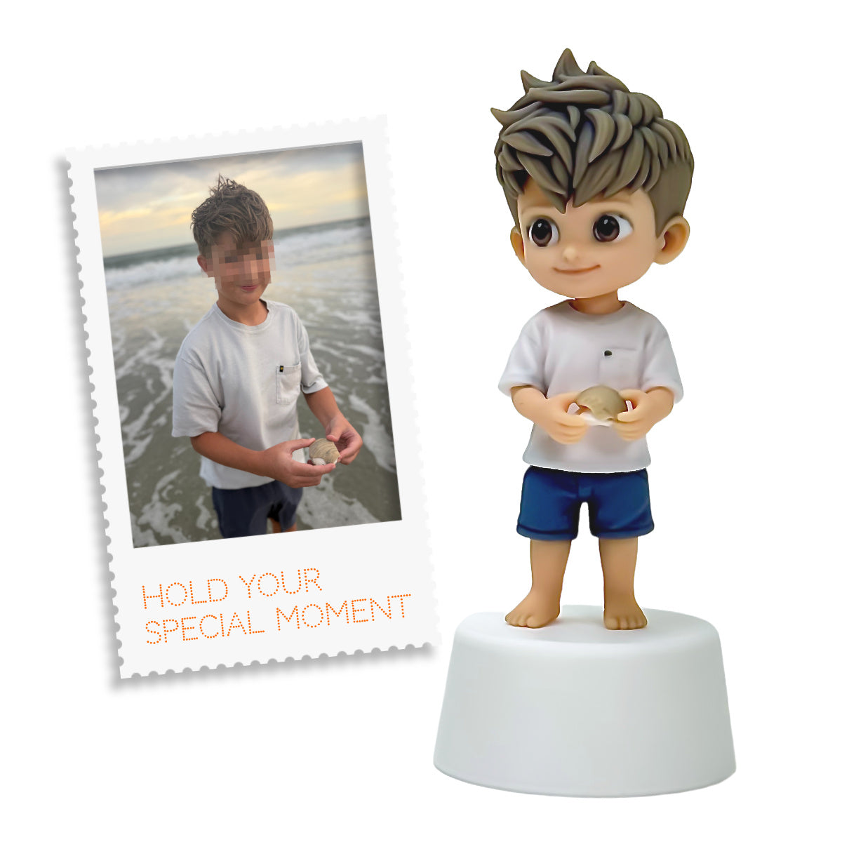 Customer beach photo beside a custom boy figure holding a seashell
