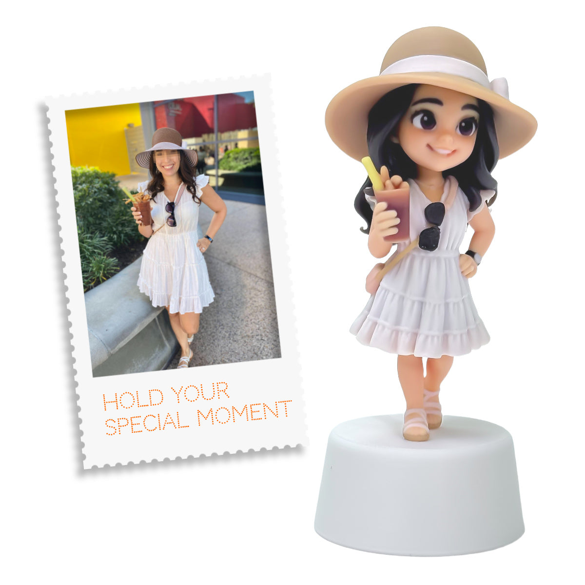 Customer travel photo beside a custom woman figure in a white dress, sunhat, sunglasses, and holding a drink