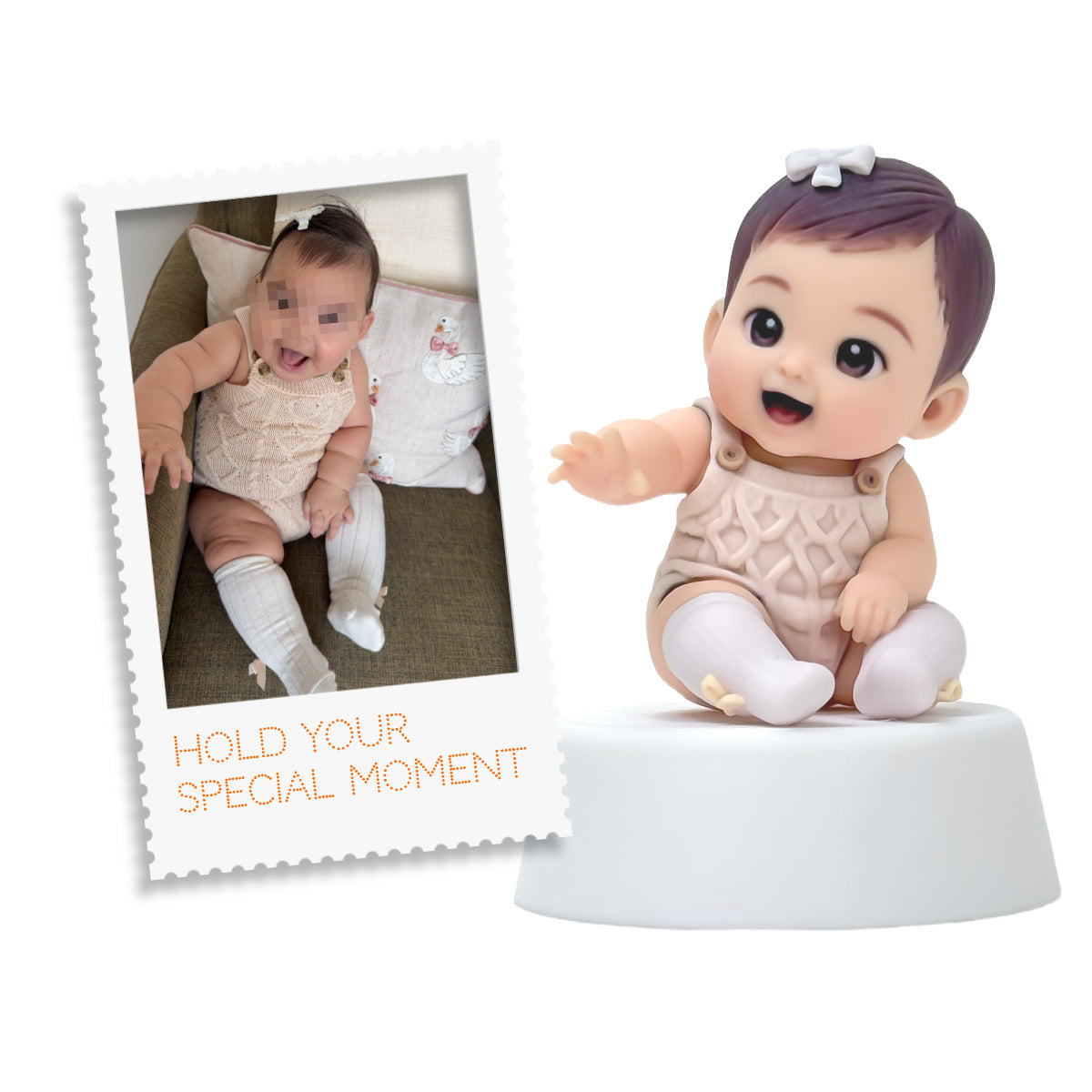 Privacy-protected baby photo beside a seated custom baby figure in a knit romper and white socks