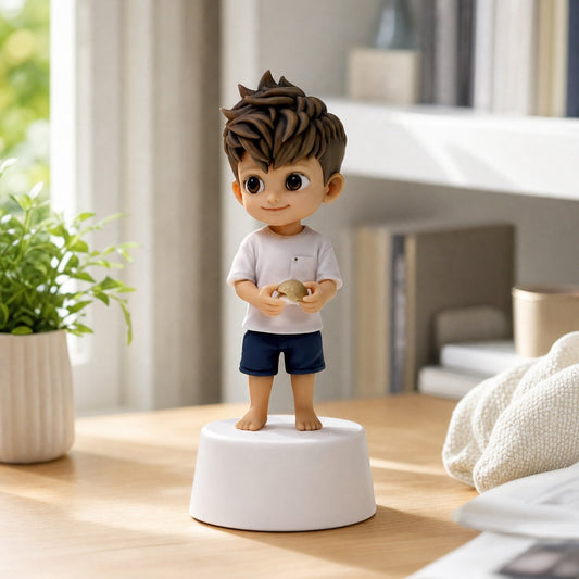 Custom boy figure in a white T-shirt and navy shorts holding a seashell on a display base