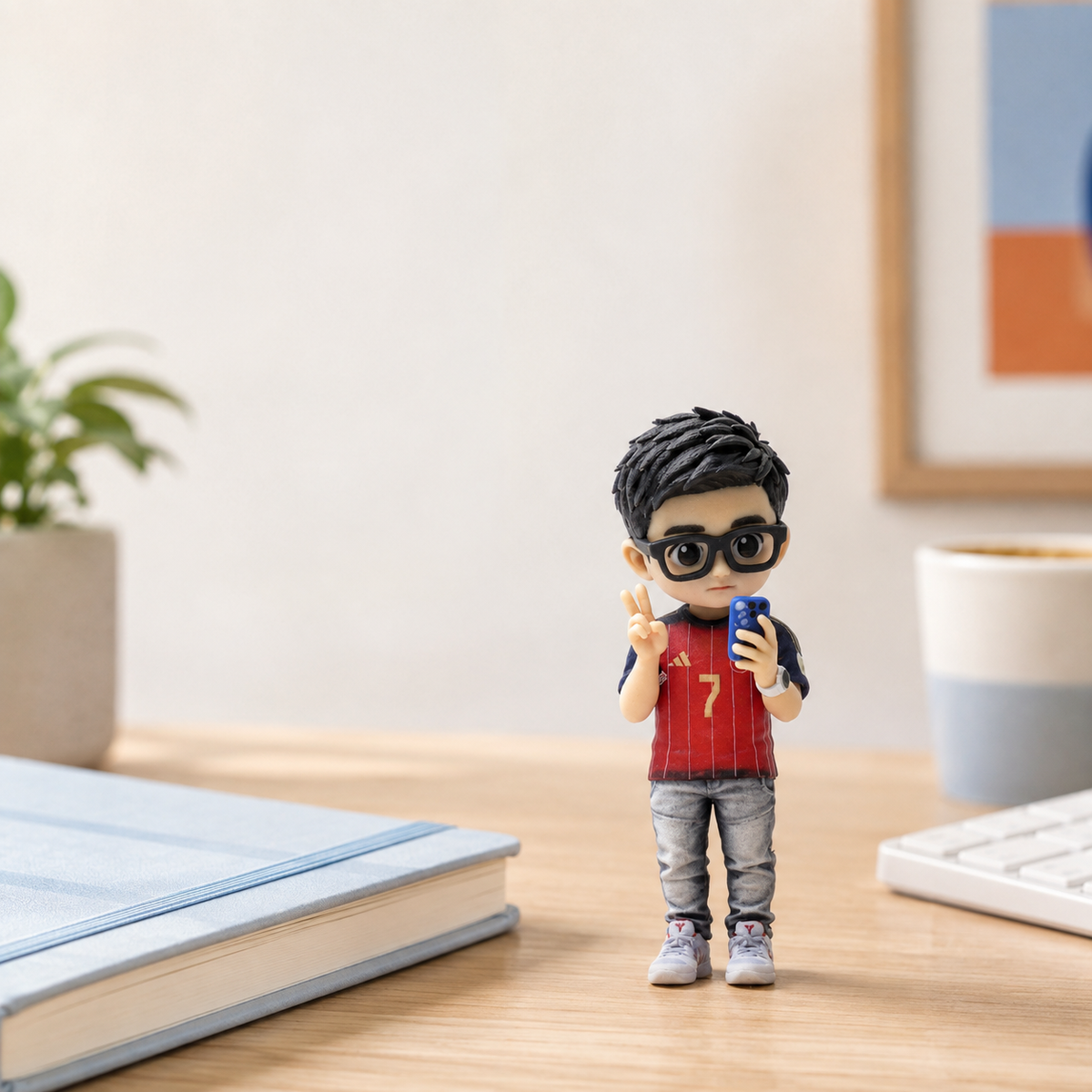 AI-styled desk setting with a tiny personalized figure; props are not included