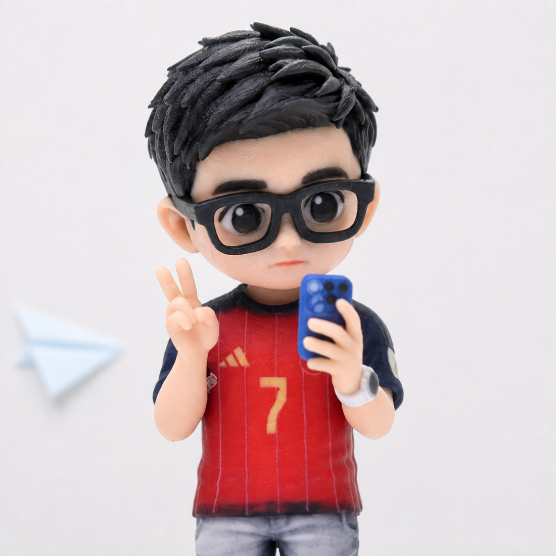 AI-styled close-up of a custom figure's glasses, printed finish and red jersey