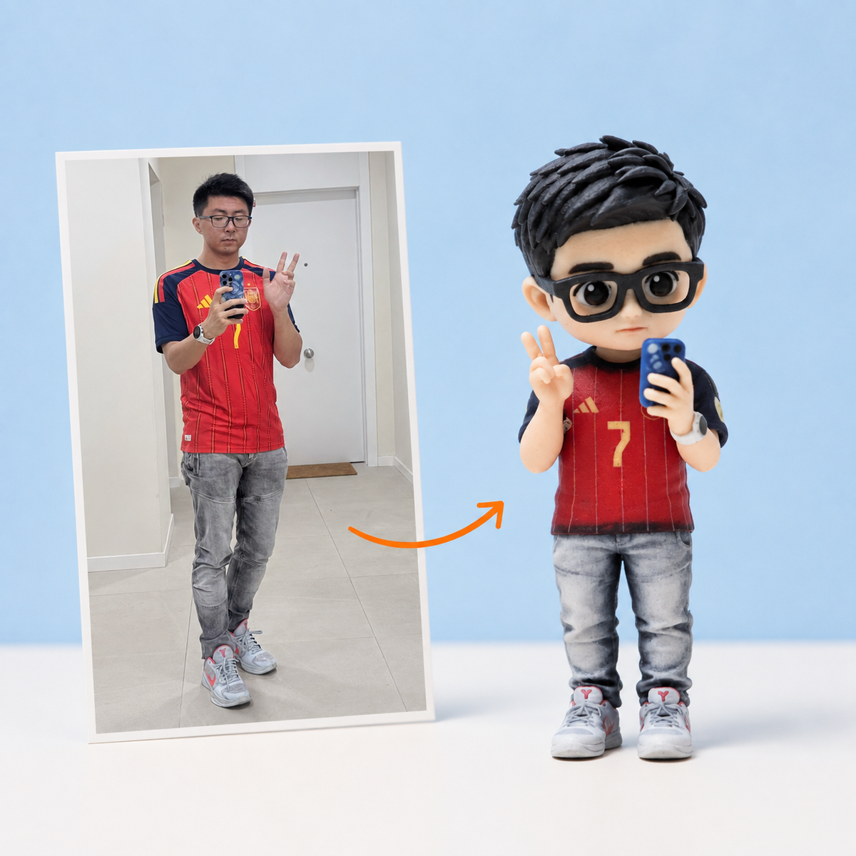 AI-styled photo-to-figure example: a red jersey selfie beside a custom single-person figure