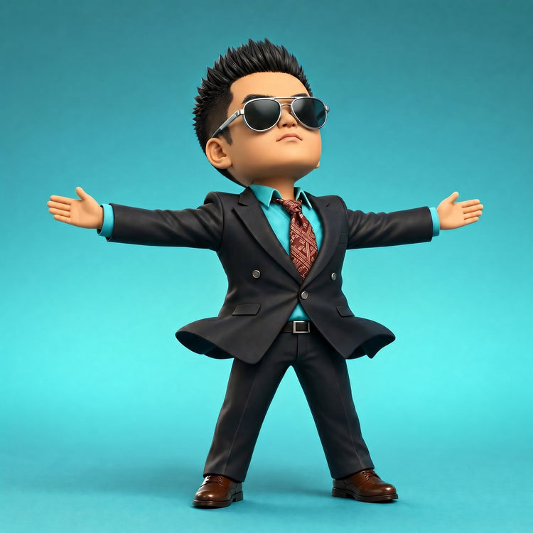 AI-generated design preview of an arms-wide business figure with sunglasses, black suit, turquoise shirt, and patterned tie