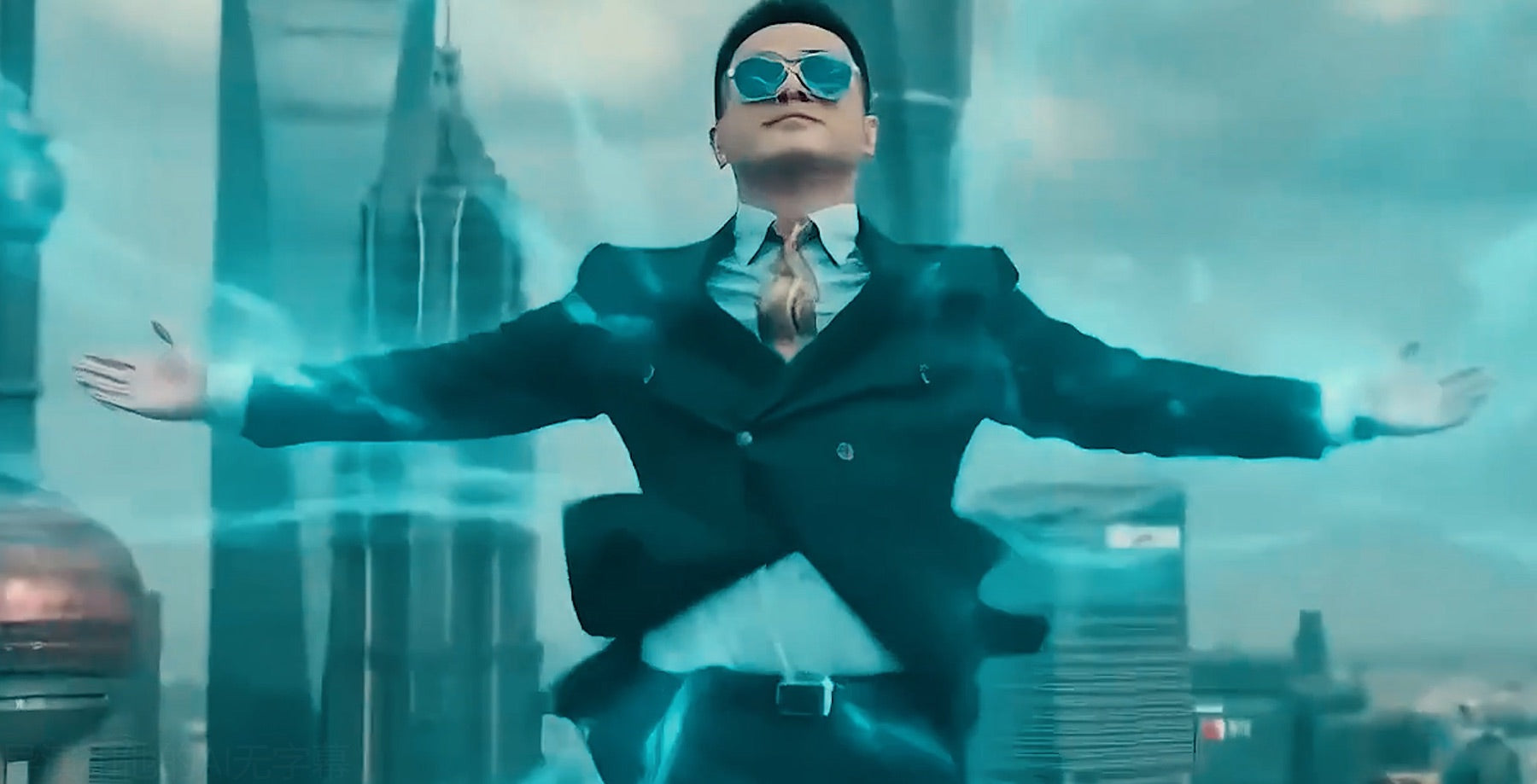 Reference image of a suited man wearing sunglasses with both arms extended