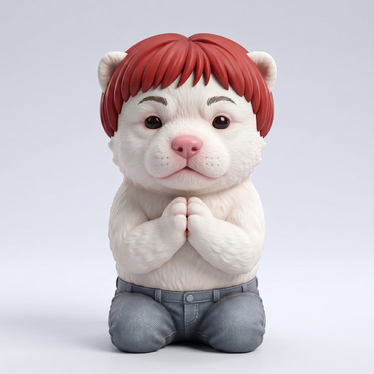 AI-generated design preview of a white dog figure with red hair, a pink nose, clasped front paws, and gray pants
