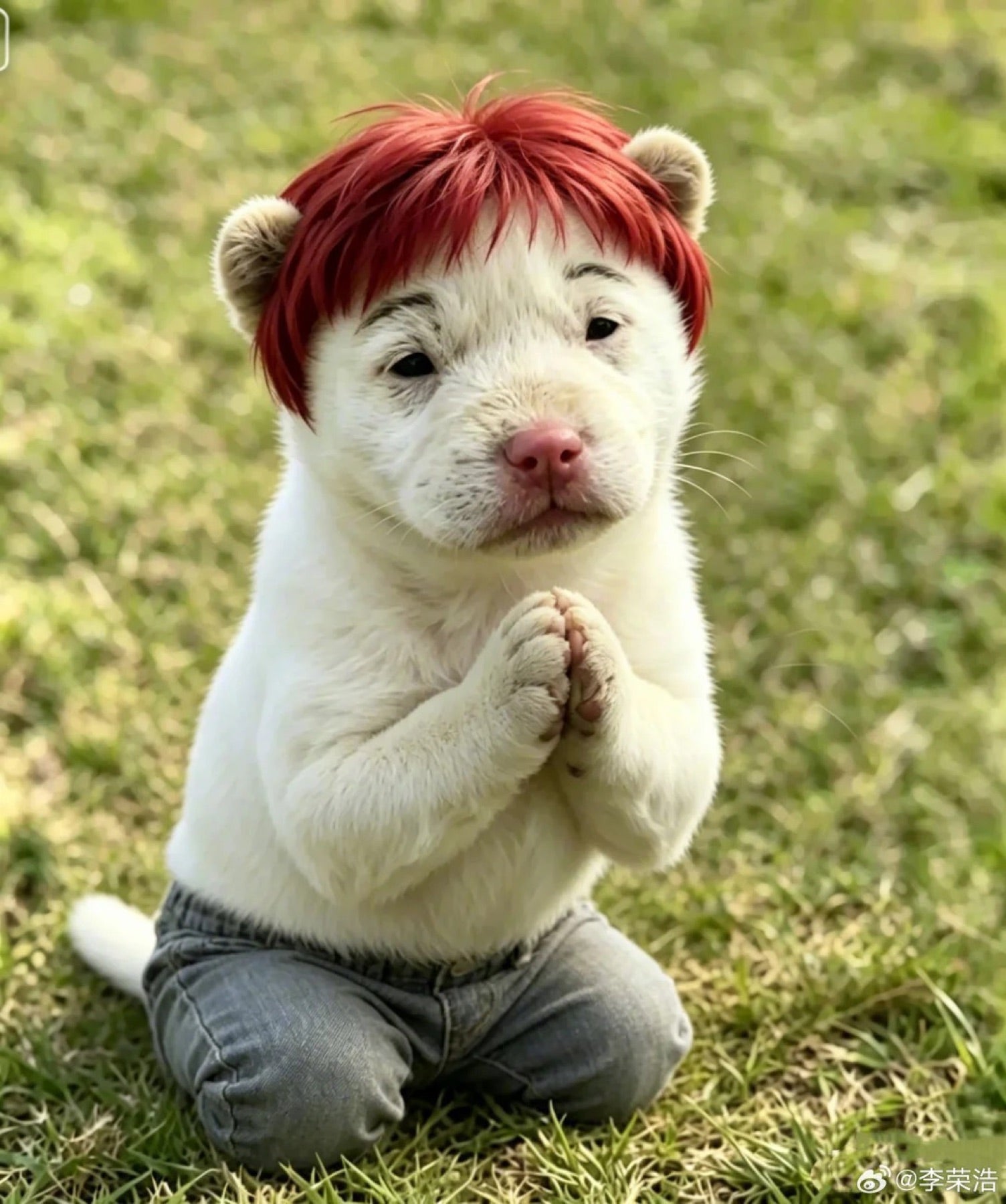 Reference photo of a white dog with red hair, clasped paws, and gray jeans