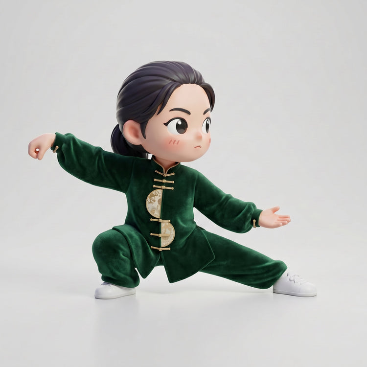 AI-generated design preview of one custom Tai Chi figure in a low green stance with one bent leg and one extended leg