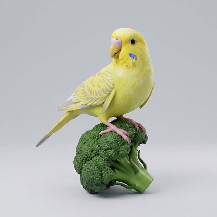 AI-generated design preview of a yellow parakeet figure with blue cheek markings and pink feet on broccoli