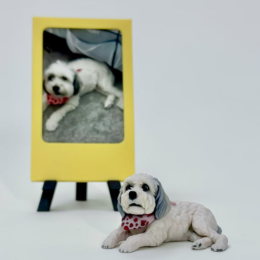 Finished custom full-color dog figurine of Tashi beside the original pet photo