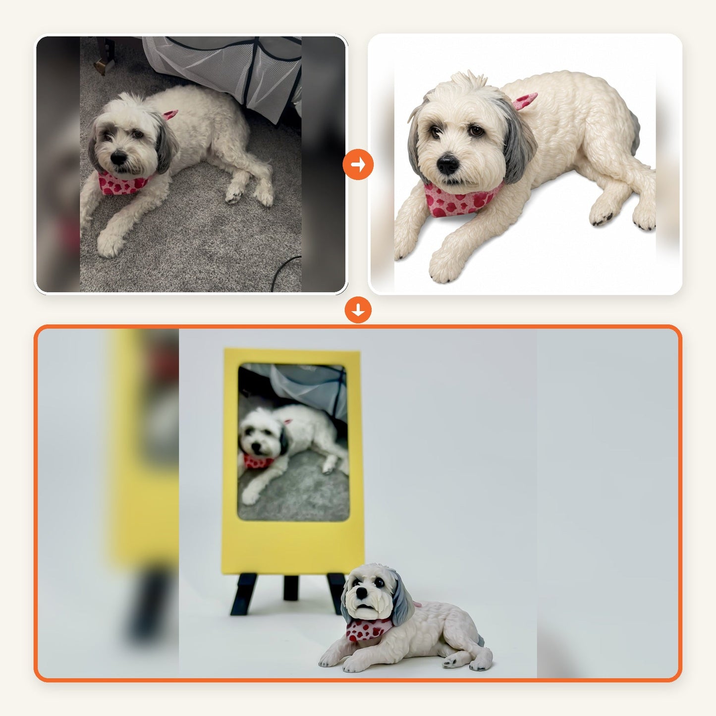 Tashi dog case showing the customer photo, design preview, and finished custom pet figurine
