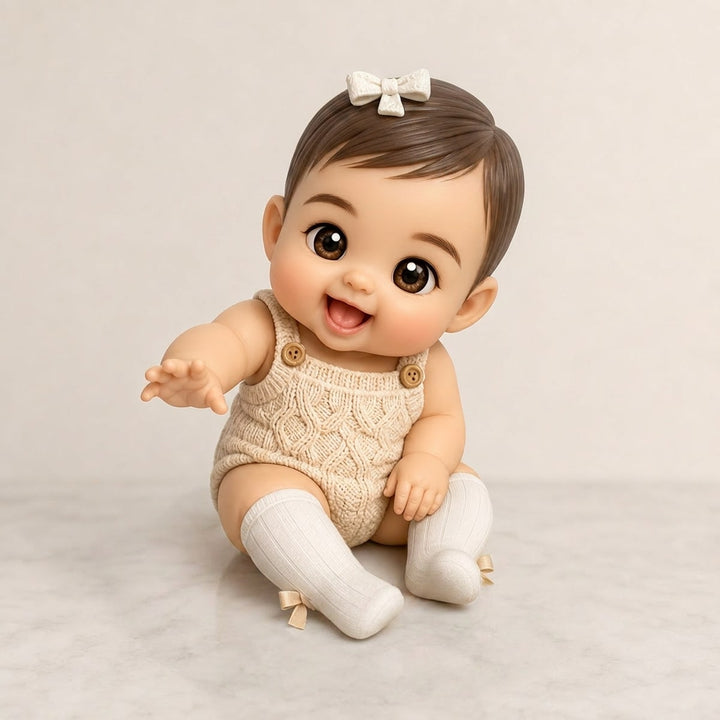 Digital preview of a seated baby custom figure reaching forward in a cream romper