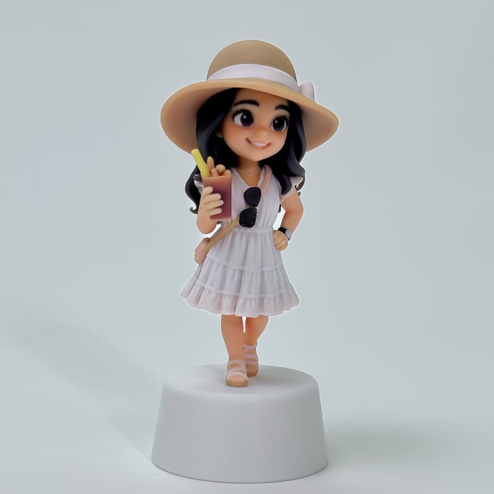 Finished full-color woman custom figure wearing a white dress and straw hat and holding a drink