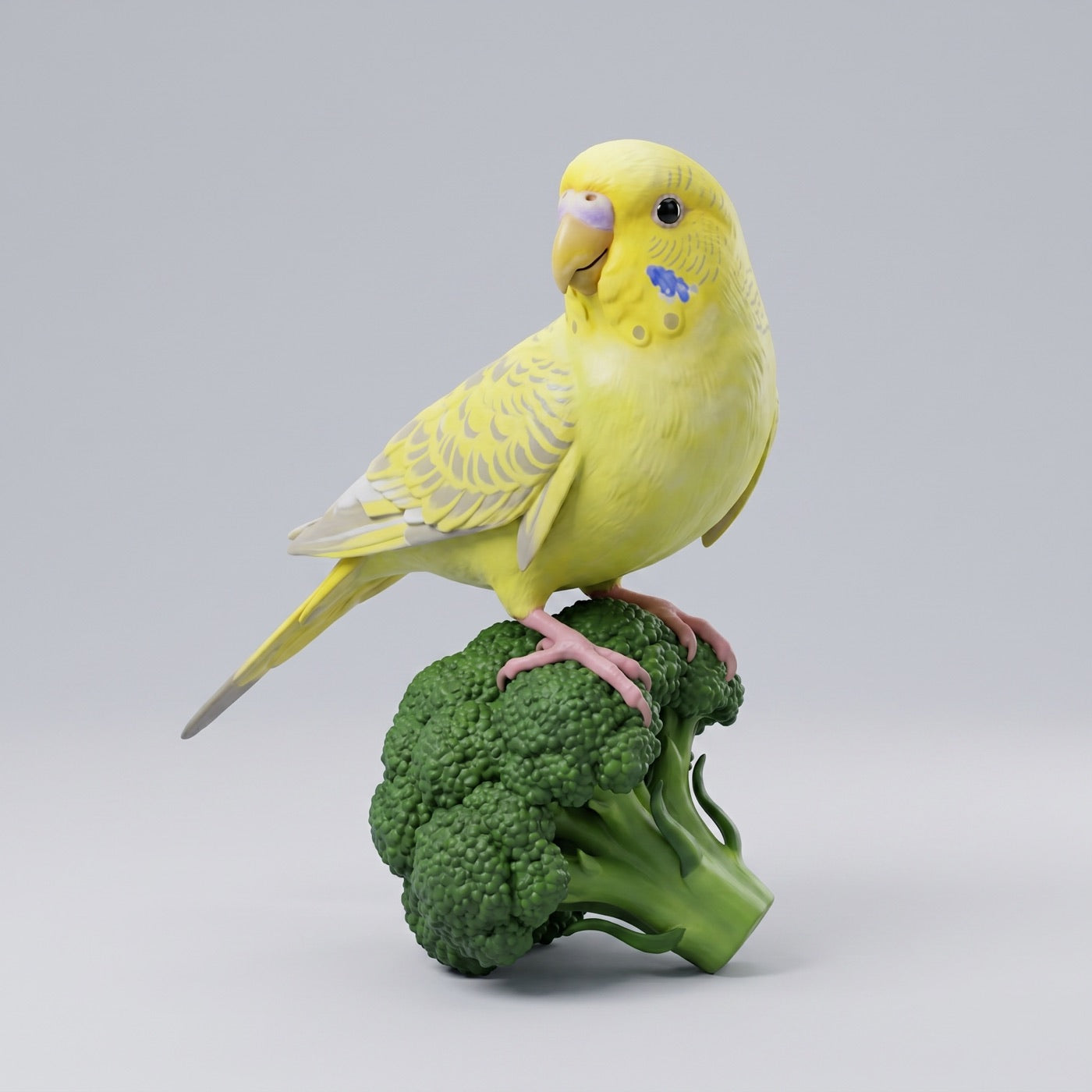 Digital preview of a custom yellow budgie figure perched on broccoli