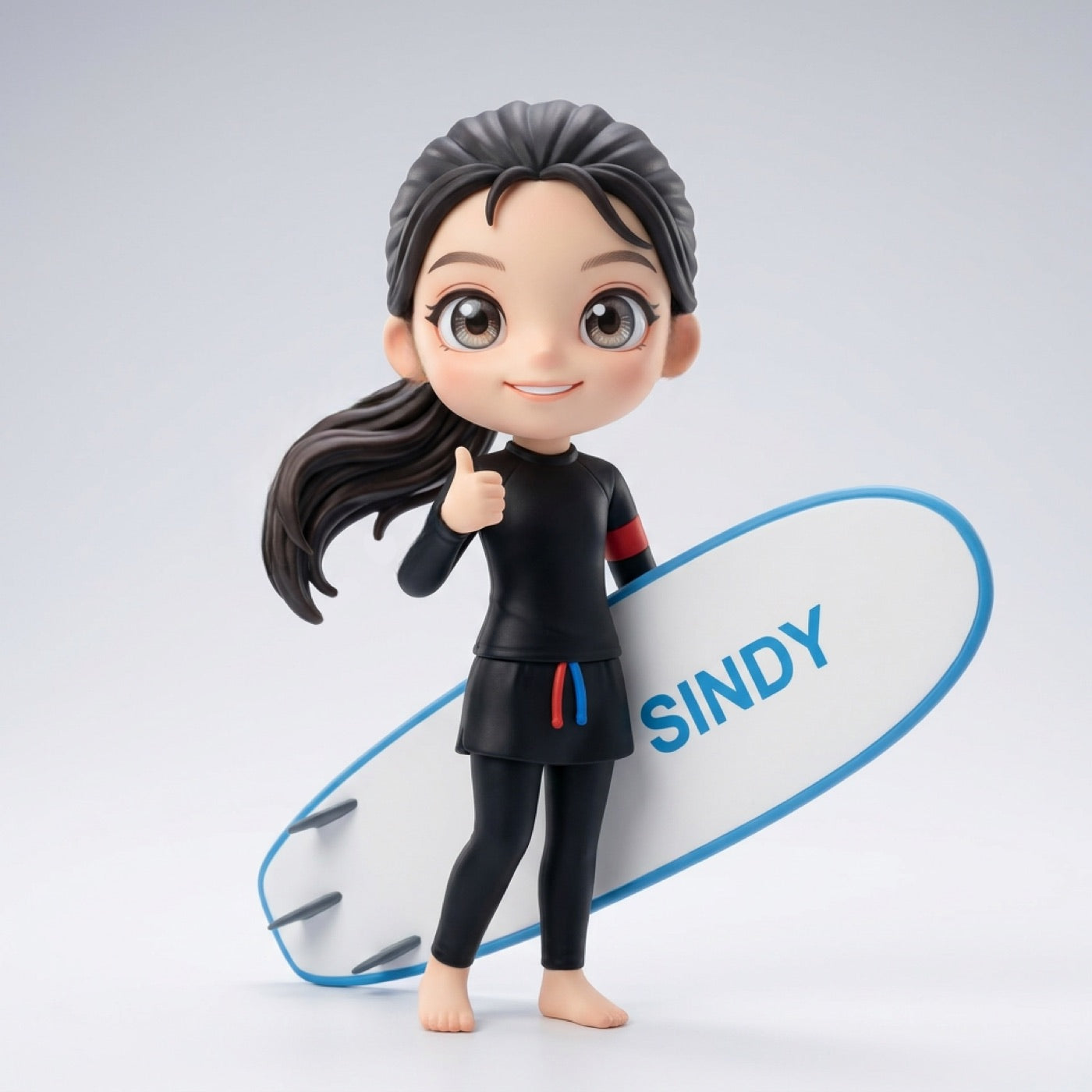 Digital preview of a personalized surfer figure holding a named surfboard