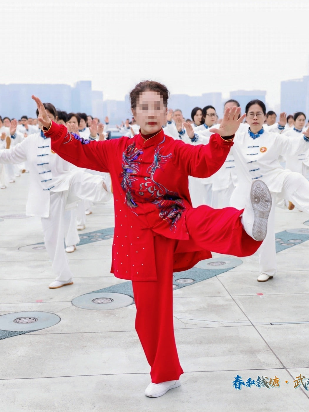 Privacy-protected reference photo of a tai chi performer balancing in a red embroidered uniform
