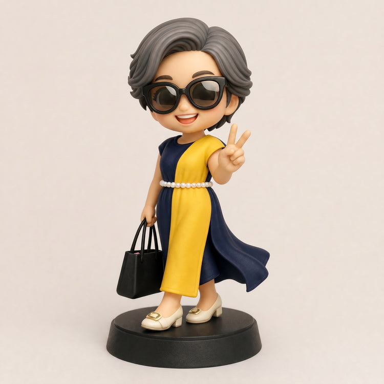 AI-generated MomentFig design preview with gray hair, dark sunglasses, a yellow-and-navy dress, pearl belt, handbag, and peace sign